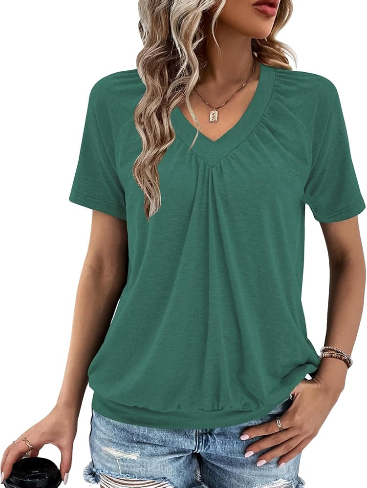 Gihgoew Summer Tops for Women 2025 Shorts Sleeve Womens Tops,V Neck Soft Casual Loose Fit Ruched ... | Amazon (US)