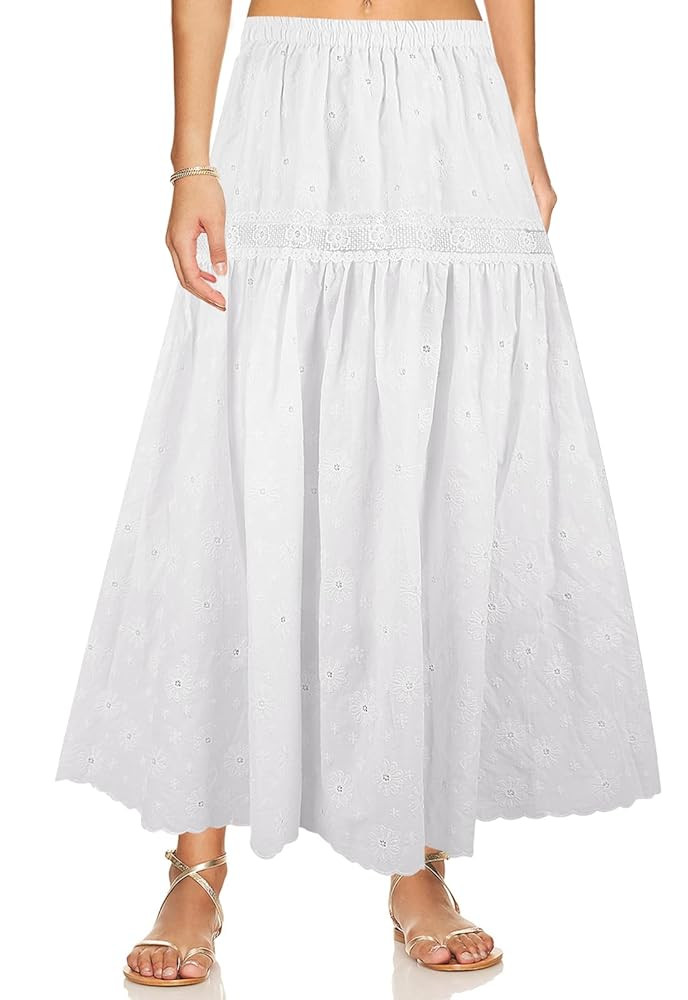Ababalaya Women's Boho Cotton Midi Skirts Lace Eyelet Flowy Long Skirt A-Line Embroidery Flower S... | Amazon (US)