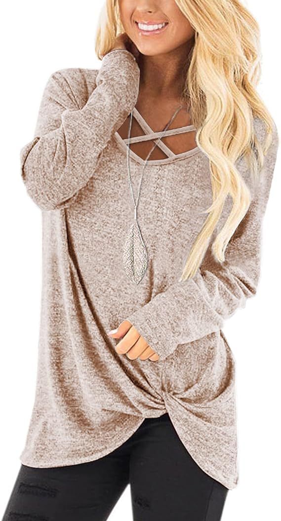 NIASHOT Womens Long Sleeves Tops V Neck Casual Fall Sweaters Shirts | Amazon (US)