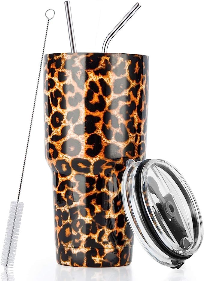 30oz Stainless Steel Insulated Leopard Tumbler Travel Mug with Straw Slider Lid, Cleaning Brush, ... | Amazon (US)