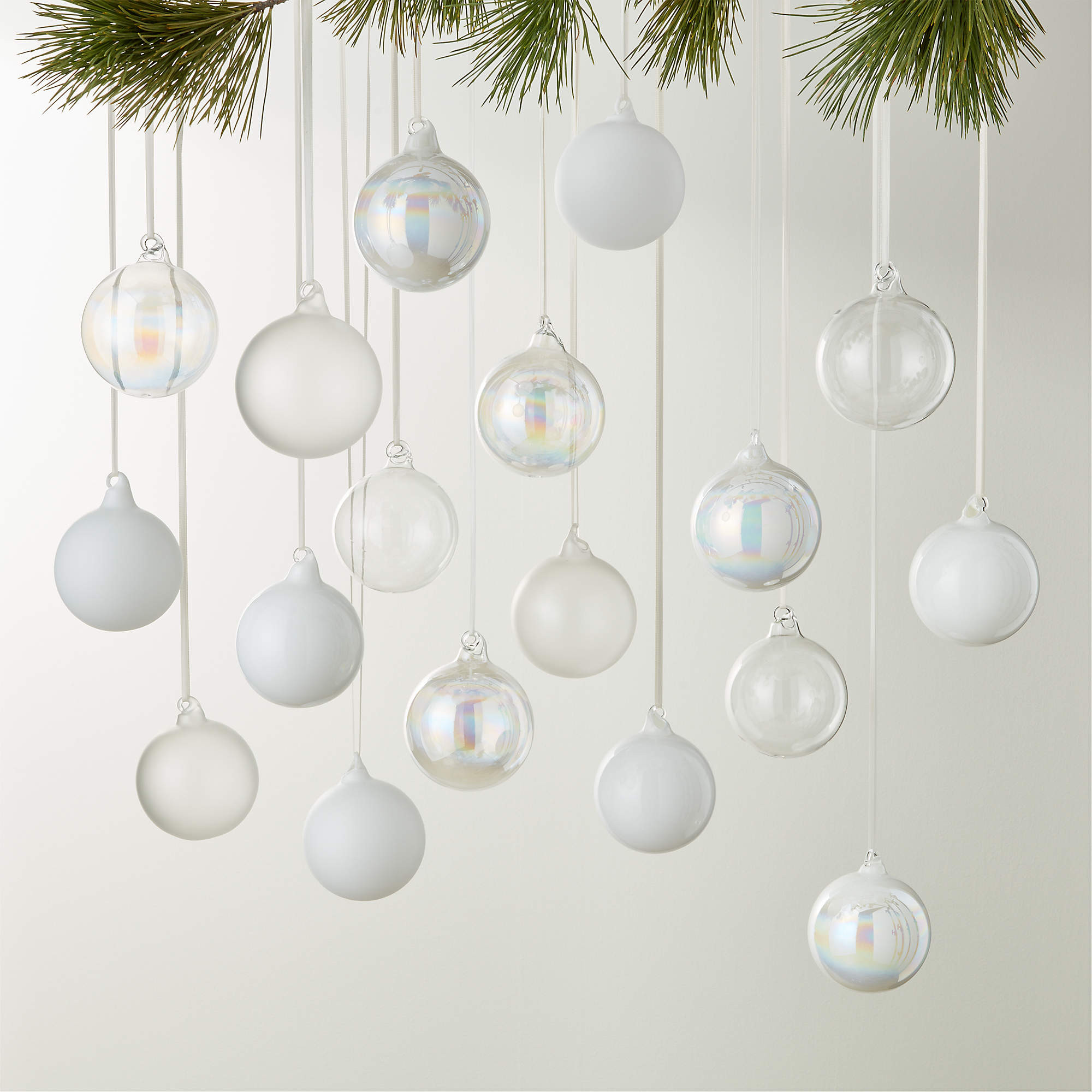 Winter White Glass Christmas Tree Ornaments Set of 18 + Reviews | CB2 | CB2