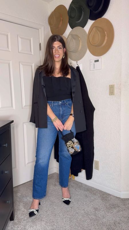 Midsize dinner date outfit
Corset top-8 has so stretch and room in bust
Denim-8 regular 
Tuxedo blazer- size down!!!! I ended up getting a small. Very oversized
Heels -Tts

#LTKmidsize #LTKfindsunder50 #LTKHoliday