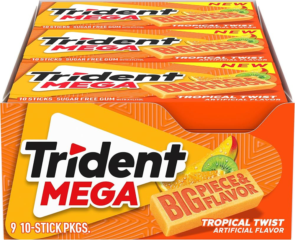 Trident Mega Tropical Twist Sugar Free Gum, 9 packs of 10 Pieces (90 total pieces) | Amazon (US)