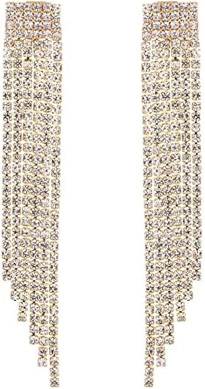 Unicra Long Rhinestone Fringe Earrings Silver Bridal Tassel Dangle Earrings Large Bling Crystal Chan | Amazon (US)