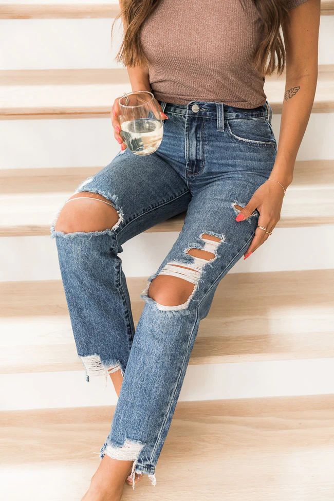 Kimmy Raw Hem Medium Wash Distressed Mom Jeans | The Pink Lily Boutique