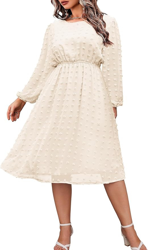 IN'VOLAND Women's Plus Size Swiss Dot Long Sleeve Chiffon Dress Flowy High Waist A Line Ruffle Ba... | Amazon (US)