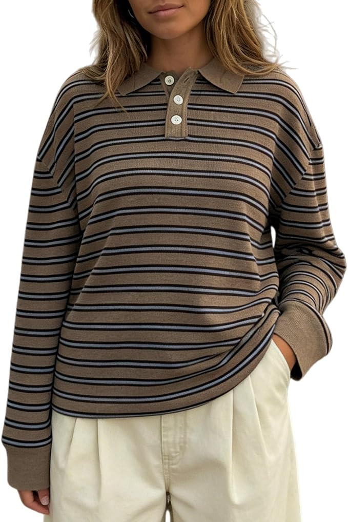 Oversized Striped Sweater for Women Collared Long Sleeve Preppy Polo Sweater Vintage Aesthetic Kn... | Amazon (US)