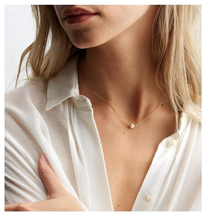 Single Cultured Pearl Choker 18K Gold Chain White Bead Necklace Layering Minimalist Jewelry for W... | Amazon (US)