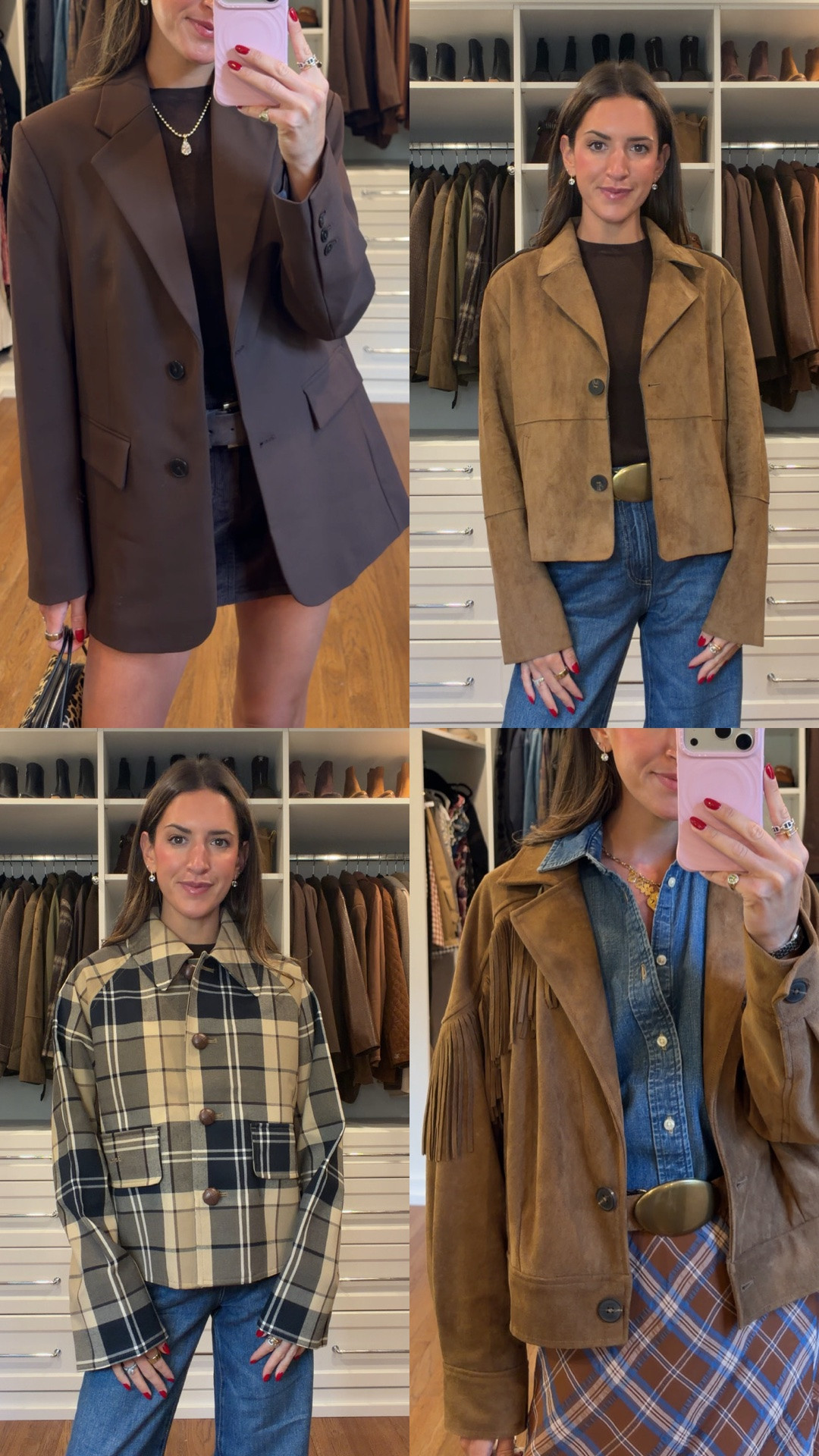 Fall jackets! 

Fringe - sized up to a medium 
Brown blazer - xsmall 
Suede - small 
Plaid - us 2

#LTKootd #LTKdayinmylife #LTKgrwm