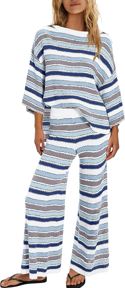 ReachMe Womens Oversized Striped 2 Piece Sets Sweater and Wide Leg Pants with Pockets Pajama Lounge Sets Casual Outfits | Amazon (US)