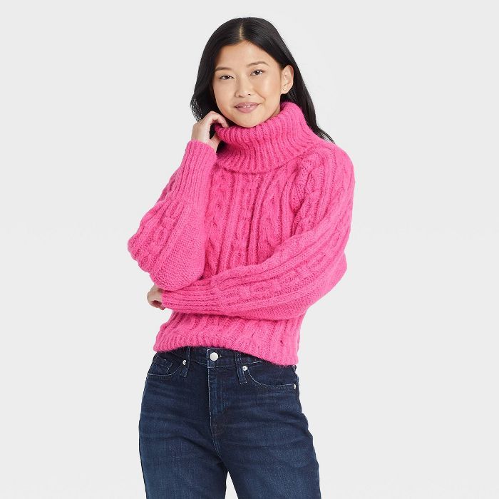 Women&#39;s Mock Turtleneck Cable Knit Pullover Sweater - A New Day&#8482; Pink M | Target