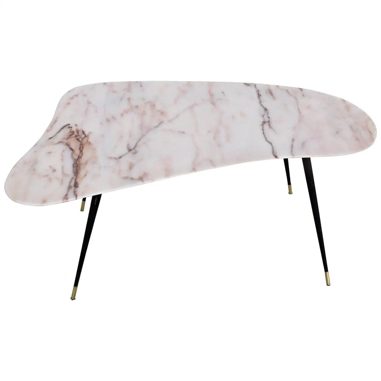 Italian Midcentury Coffee Table with Kidney Shape Marble Top and Brass Tips 1950 | 1stDibs