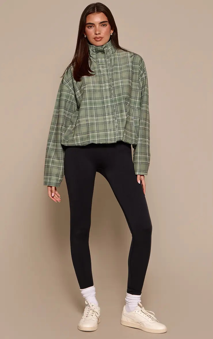 Khaki Checkered Button Up Windbreaker | PrettyLittleThing UK