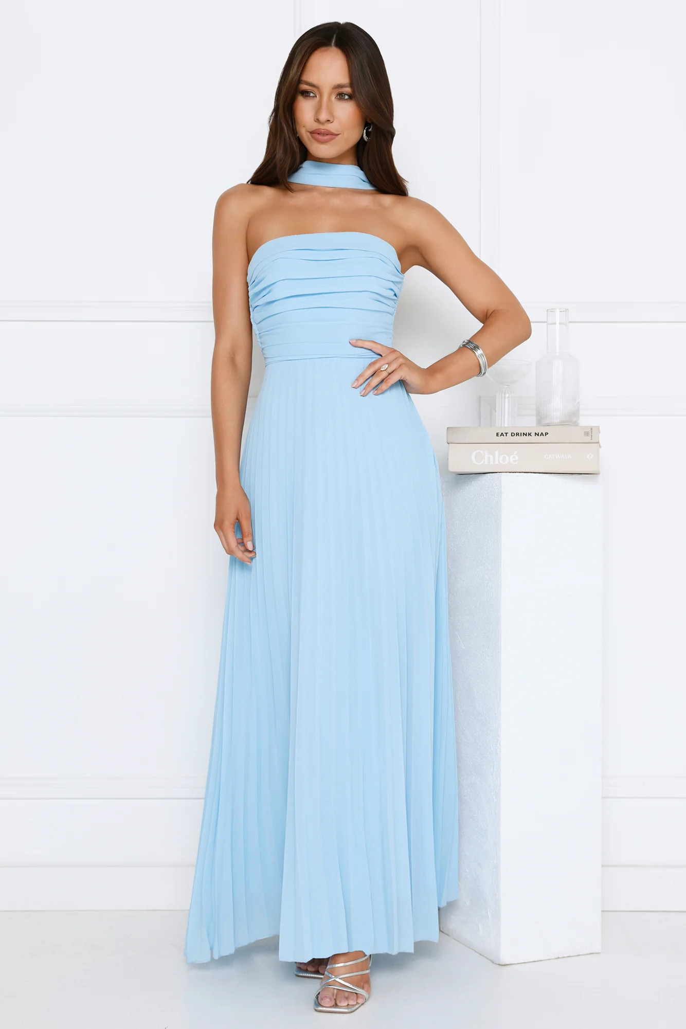 Sugar Babe Strapless Pleated Maxi Dress Blue | Hello Molly (US)