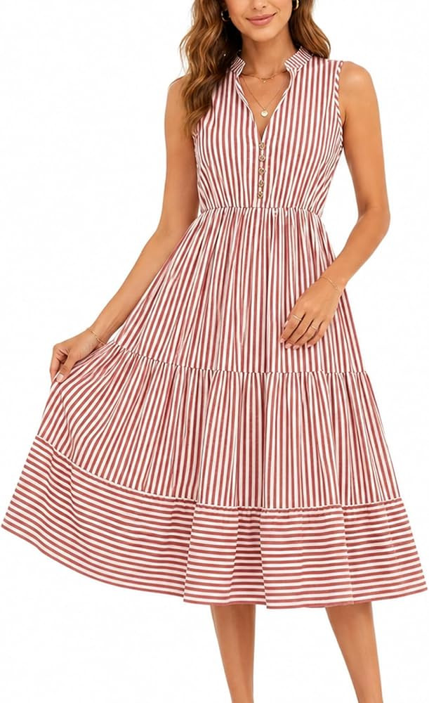 BROVAVE Womens 2026 Summer Sleeveless Shirt Dress Collar Striped V Neck Casual Midi Dresses | Amazon (US)