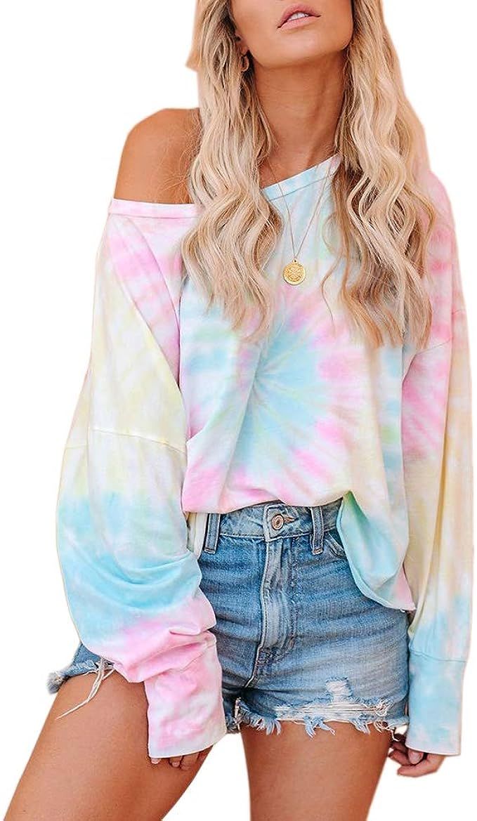 Womens Off The Shoulder Tie Dye Sweatshirt Crew Neck Long Sleeve Casual Pullover Tops | Amazon (US)