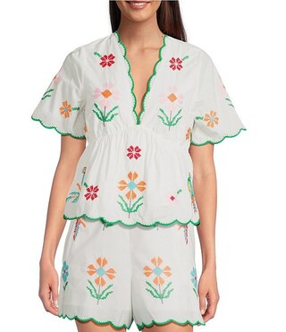 Tessie V-Neck Short Sleeve Floral Embroidered Peplum Scalloped Trim Coordinating Top | Dillard's