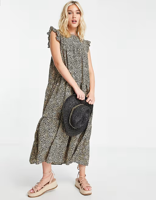 ASOS DESIGN sleeveless tiered midi dress with ruffles in leopard print | ASOS (Global)