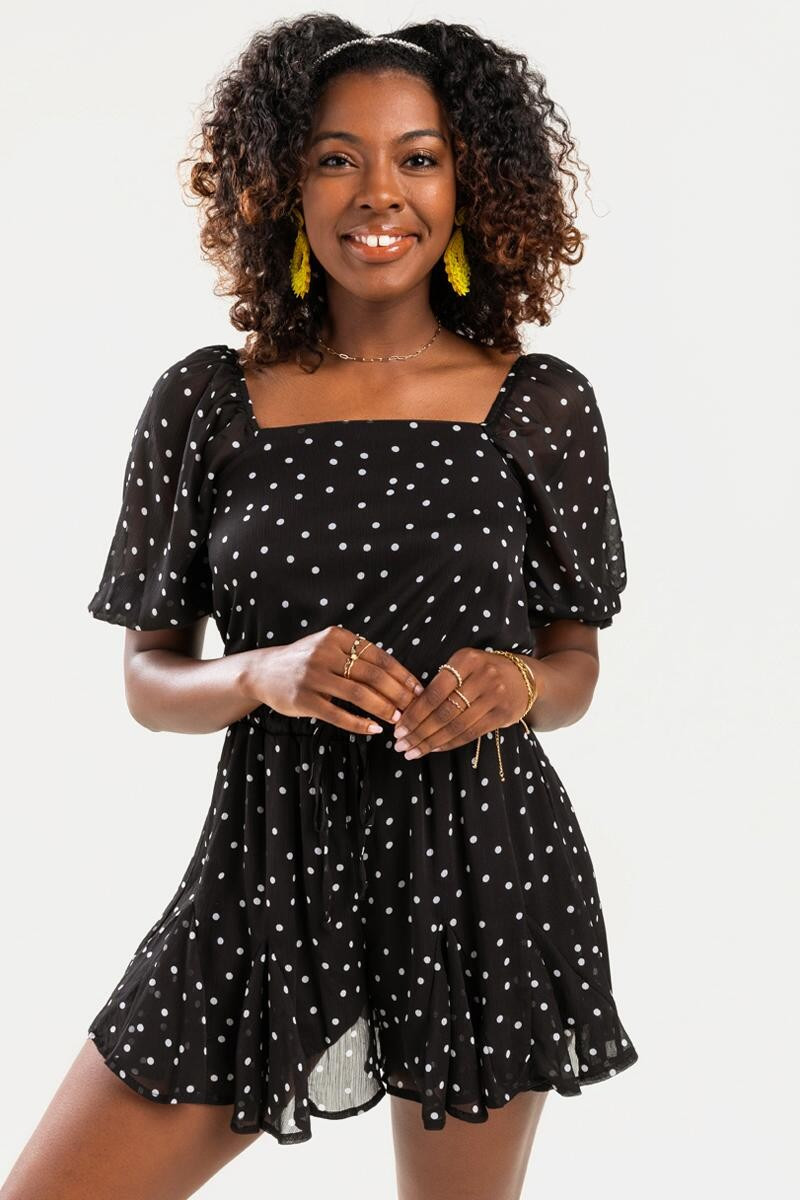 Layla Polka Dot Puff Sleeve Romper | Francesca’s Collections