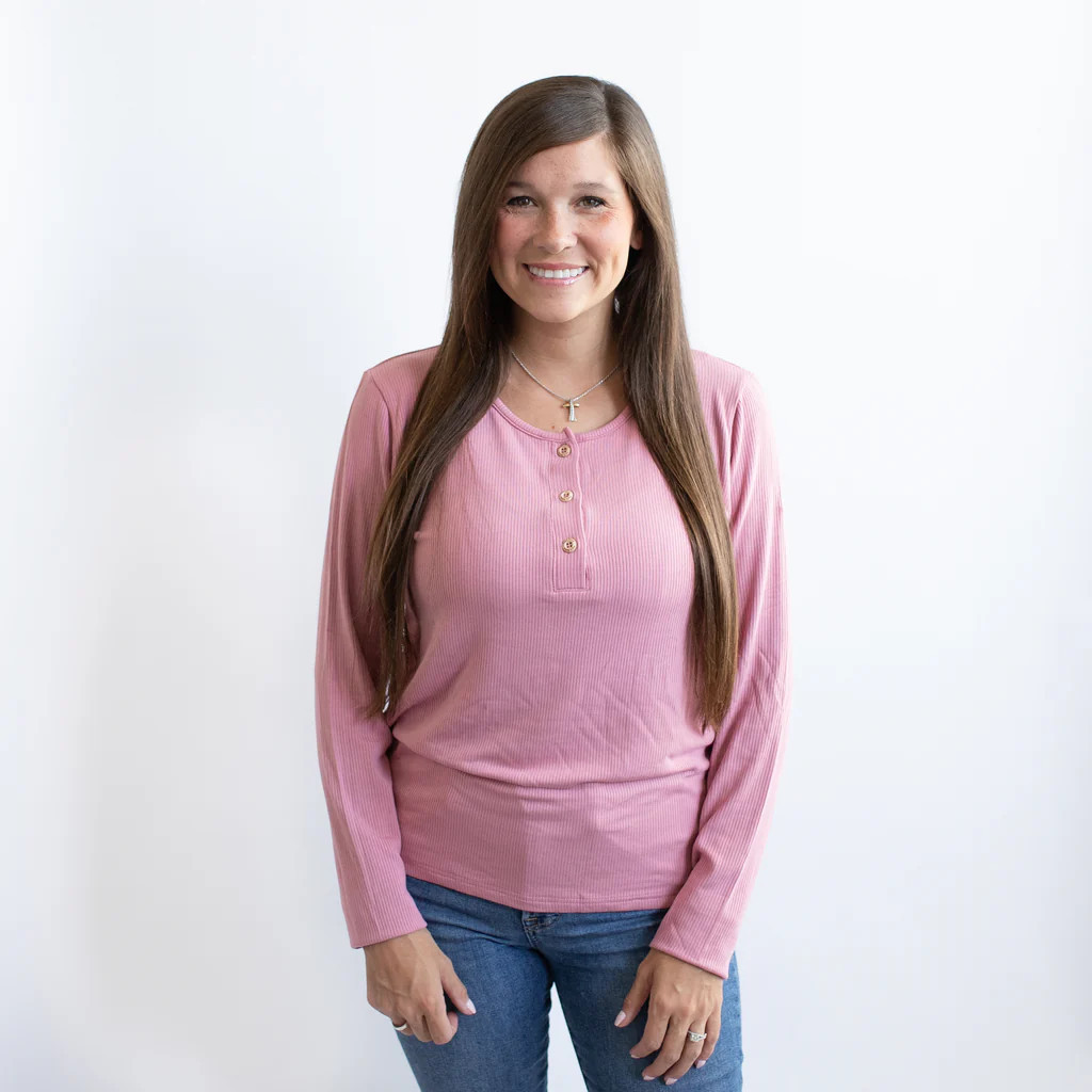Women's Ribbed Henley Top in Apple Blossom | Kyte BABY