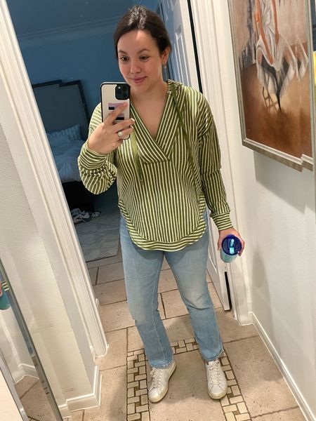 Casual striped hoodie sweater from Anthropologie that’s on sale. Runs big, size down! Comfy and easy top to throw on with jeans or leggings
Mom in the go outfit, easy errands outfit, out with with sneakers 


#LTKsalealert #LTKstyletip