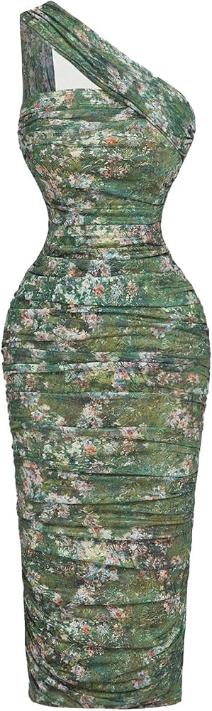 Narecte Summer Dresses for Women One Shoulder Mesh Ruched Bodycon Midi Dress Elegant Wedding Gues... | Amazon (US)