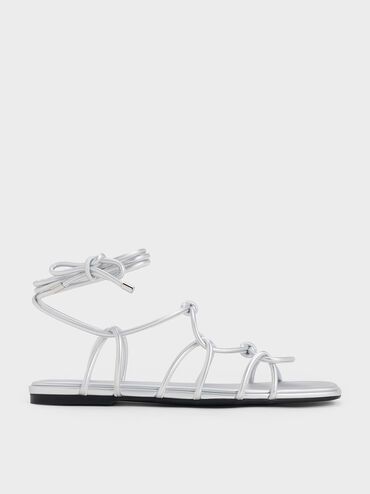 Silver Strappy Knotted Tie-Around Sandals | CHARLES & KEITH UK | Charles & Keith UK
