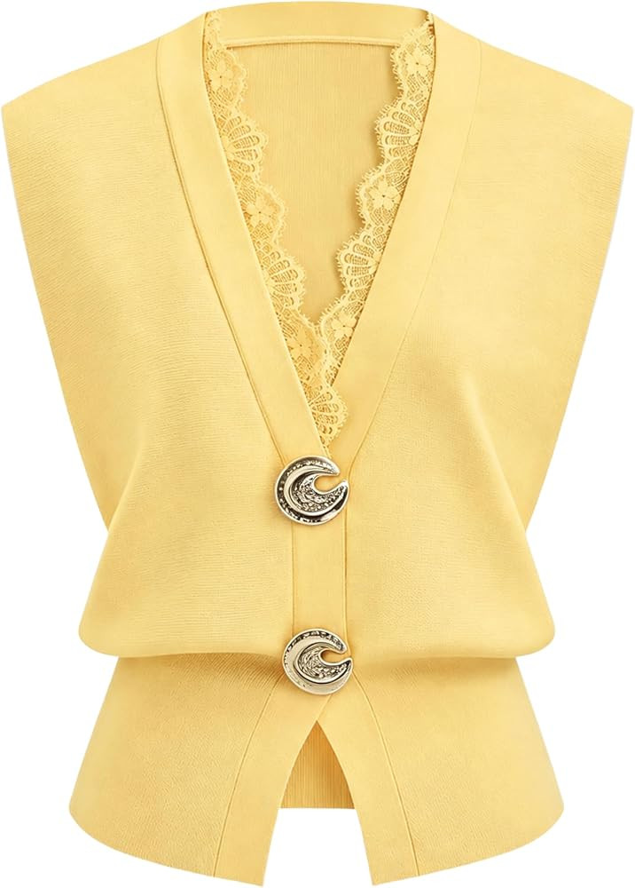 Ailoqing Sweater Vest Tops for Women Casual Elegant Lace Trim V Neck Sleeveless Decorative Button... | Amazon (US)