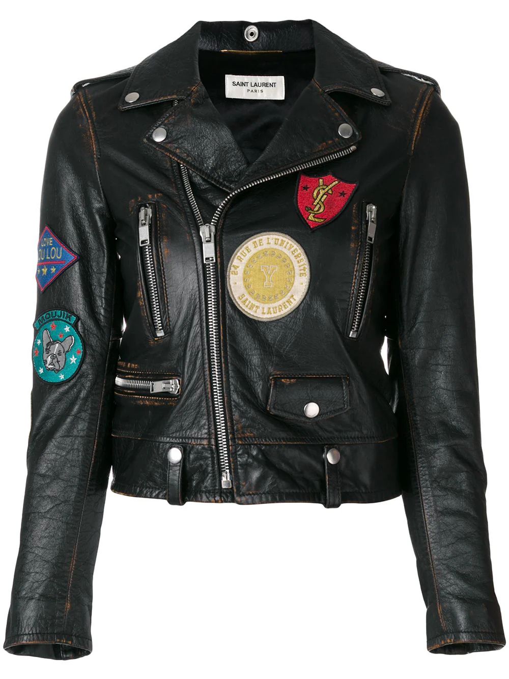 Saint Laurent patch embroidered leather jacket - Black | FarFetch Global