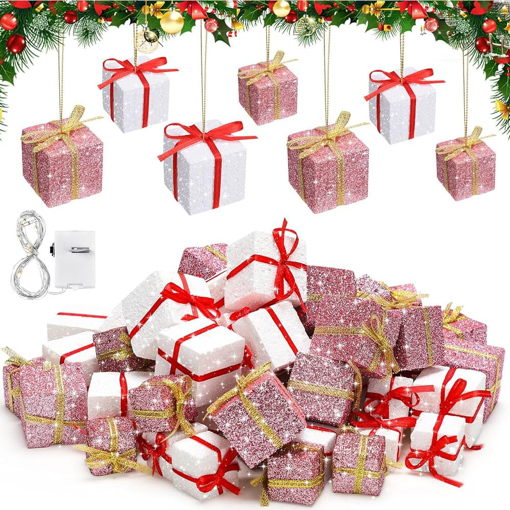 Hiboom 60 Pcs Christmas Lighted Mini Gift Boxes Tiny Pink and White Glitter Fabric Box Ornament S... | Amazon (US)