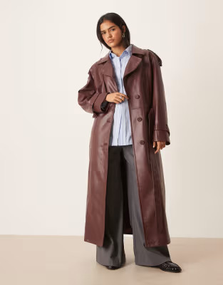Urbancode faux leather drop shoulder oversized trench coat in deep burgundy | ASOS (Global)