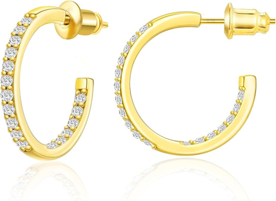 Womens Earring Hoop 14K Real Gold Plated Small Hoop Earrings for Women with Sterling Silver Post,... | Amazon (US)