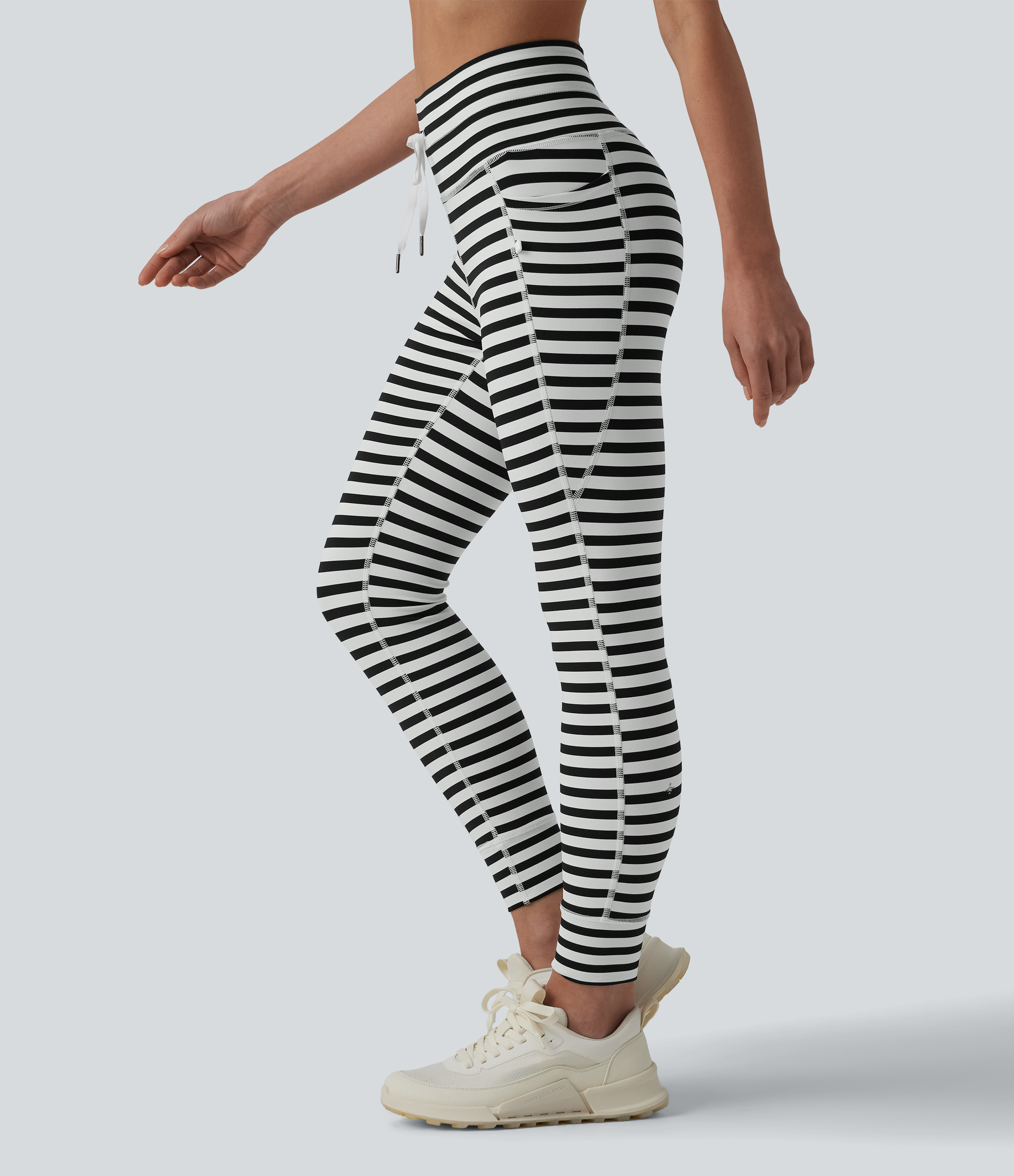 Halara High Waisted Drawstring Stripe Yoga Leggings with Pockets  - Ivory Noir - L(7/8) gym leggings leggings with pockets | HALARA