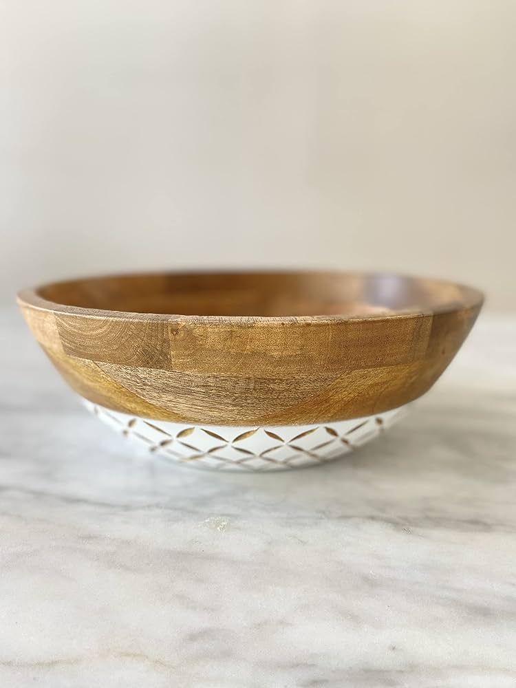 Wood Serving Bowl for Fruits or Salads Hand Carved Mango Wood With A White Decorative Motif. A Ro... | Amazon (US)