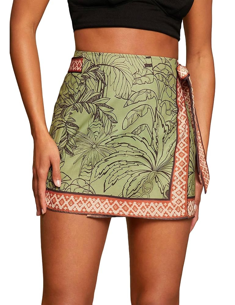 Women’s Summer Boho Skirts Floral Print Tie Knot Wrap Mini Skirt Cute Tropical Ocean Graphic Sh... | Amazon (US)