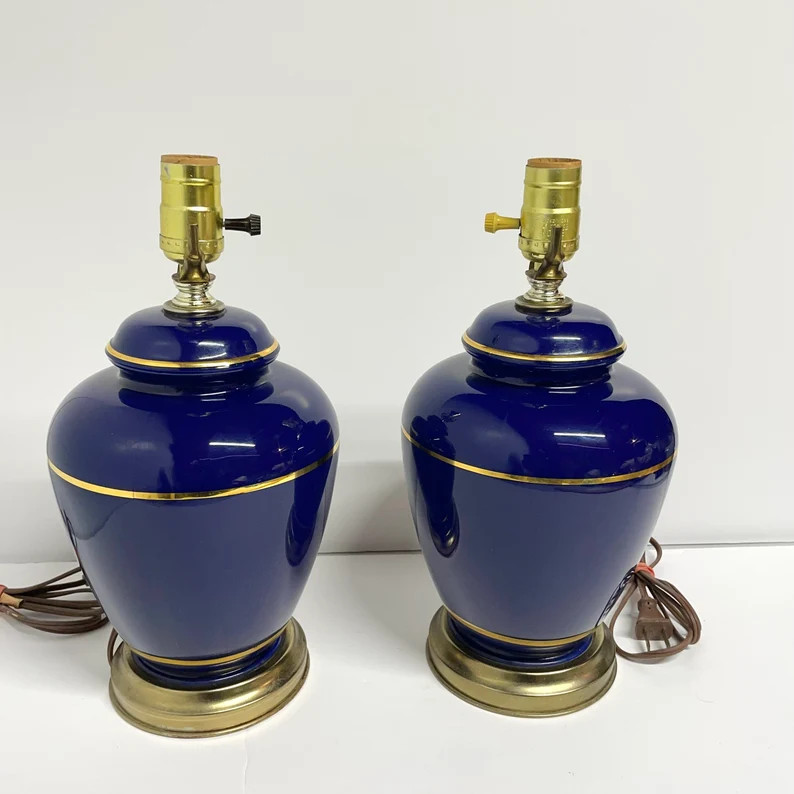 Vintage Pair of 80s Art Deco Glass Lamps in Cobalt Blue and Gold With Brass Base Ginger Jar Shape... | Etsy (US)
