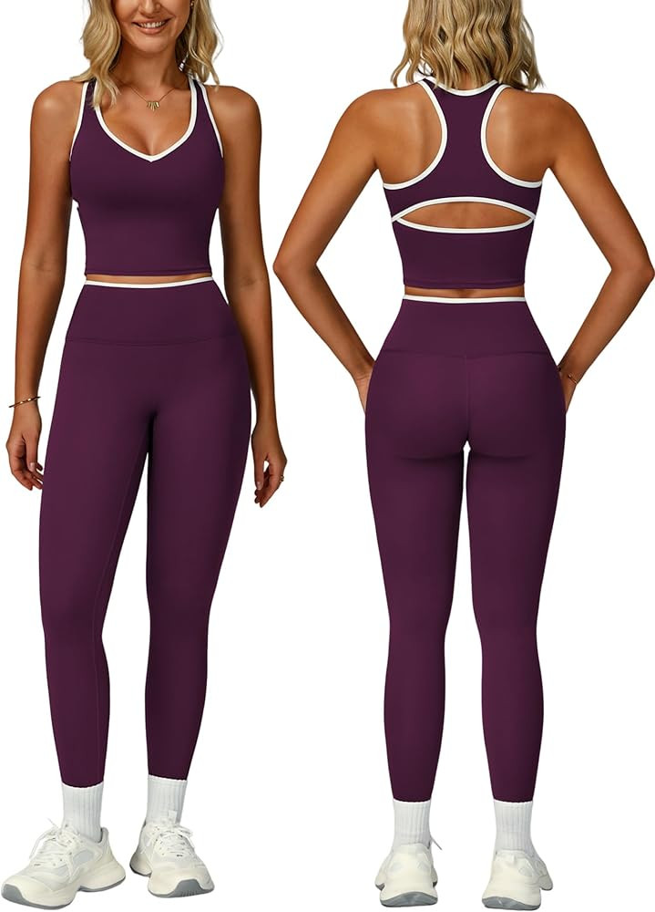 Women 2 Piece Workout Sets Racerback Color Block Tank Tops High Waist Tummy Control Active Leggin... | Amazon (US)
