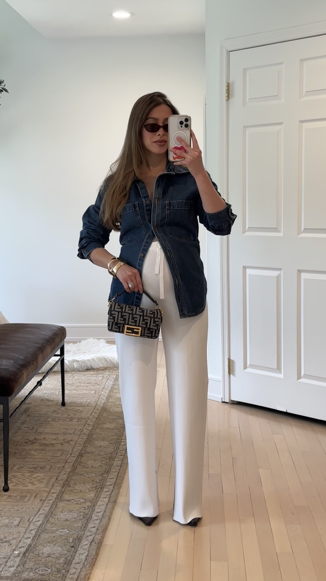 Sharing a petite and bump friendly outfit today. I love a casual but elevated look. This denim button down is from MESHKI and I love the fit. The pants are from a maternity brand called Legoe Heritage and they make such chic pieces for pregnancy. My bag is Fendi, shoes are Schutz, and my accessories bangles and sunglasses are from Amazon. All linked for you below.

#LTKBump #LTKmomlife #LTKPetite
