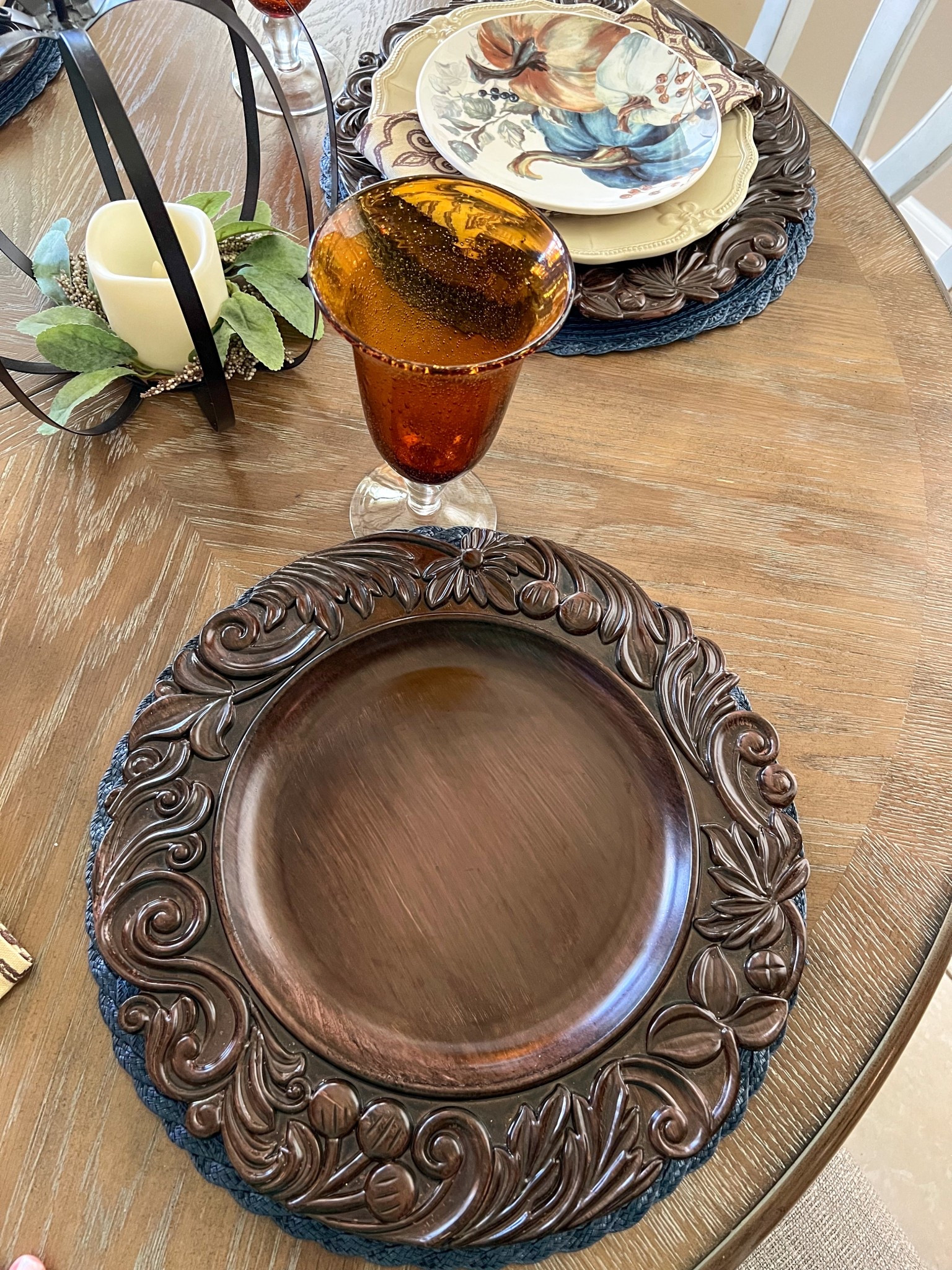 Fall tablescape
Brown faux wood Jay Aristocrat round charger plate
Ornate
Amazon finds
Amber goblet
Traditional 
Decor

#LTKSeasonal #LTKHome #LTKFindsUnder50