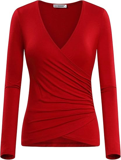 GUBERRY Women's Deep V Neck Long Sleeve Unique Cross Wrap Sexy Slim Fit Tops | Amazon (US)