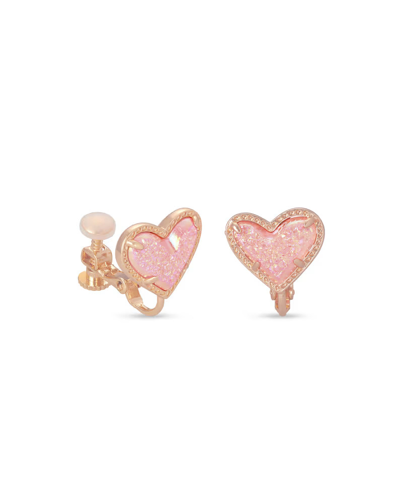 Ari Heart Rose Gold Stud Clip On Earrings in Light Pink Drusy | Kendra Scott