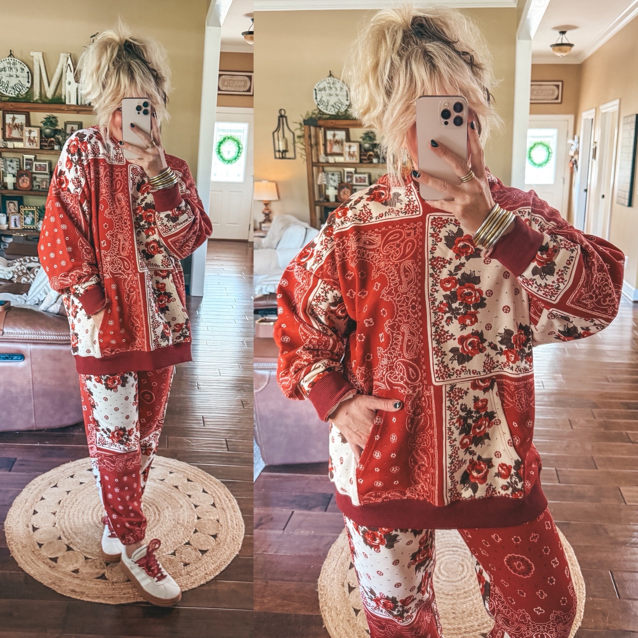 The cutest handkerchief print set! 
I’m in a size medium and I’d size up to a large in these pants because the waist runs small. 
@Natural Life

#LTKOver40