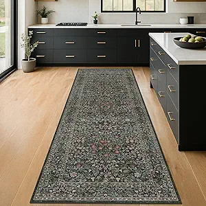 Non Slip 2x6 Kitchen Runner Rug Washable, Rubber Backed Bathroom Runner, Boho Vintage Floral Bota... | Amazon (US)