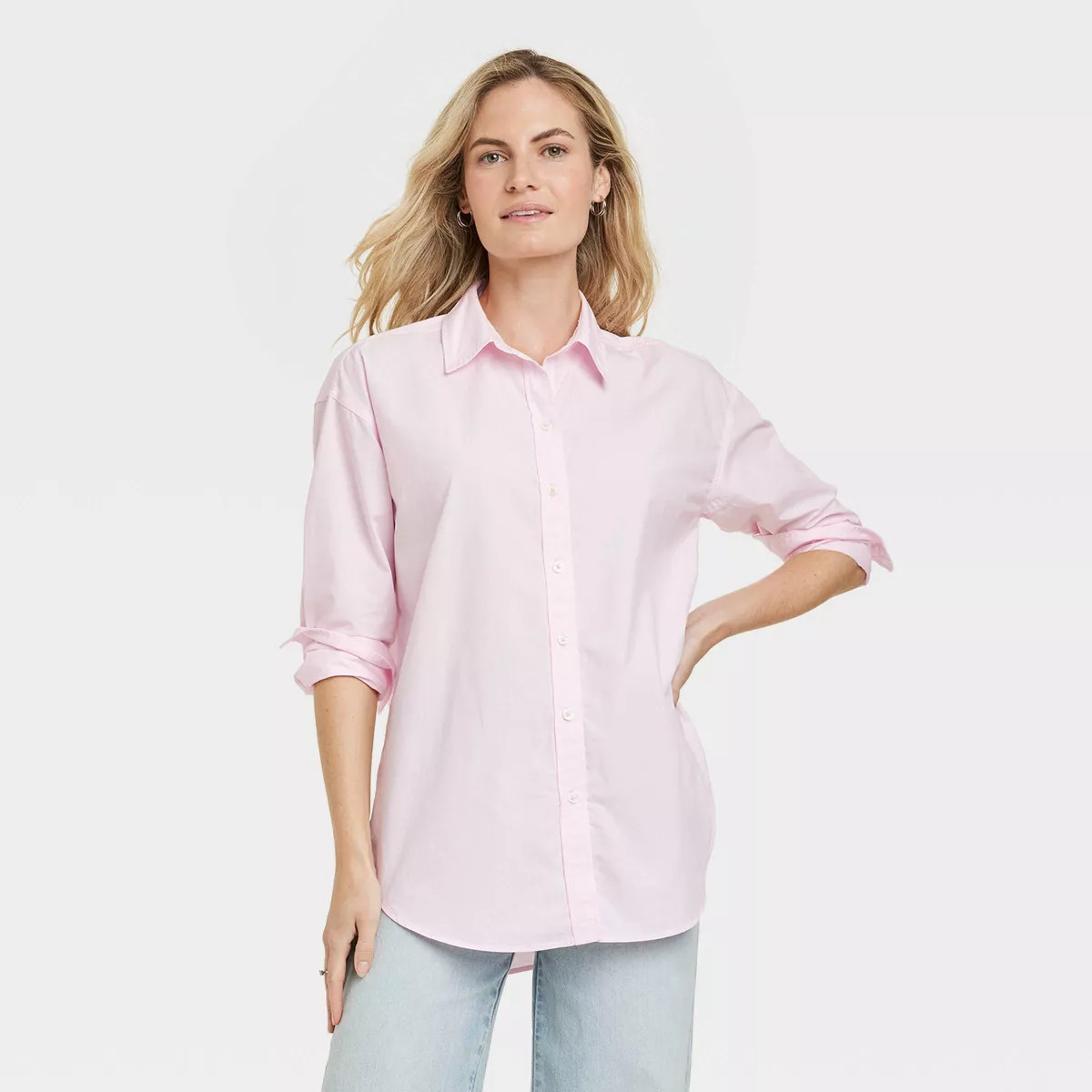 Women's Oversized Long Sleeve Collared Button-Down Shirt - Universal Thread™ Light Pink XL | Target