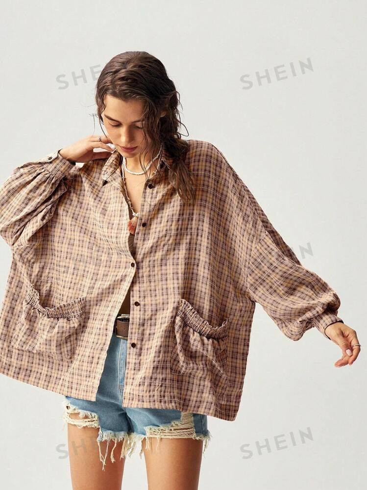 Bohemela Women's Casual Vacation Plaid Pattern Patchwork Pocket Shirt, Spring &amp; Autumn | SHEIN