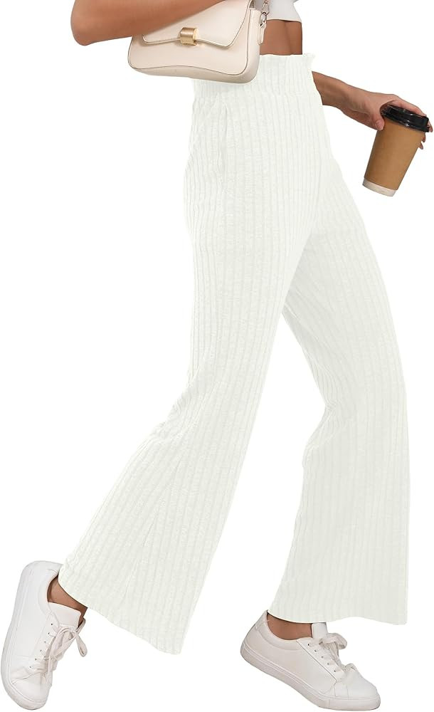 HIYIYEZI Women's Casual Pants High Waisted Wide Leg Pants Rib Knit Elastic Sweater Trousers with ... | Amazon (US)