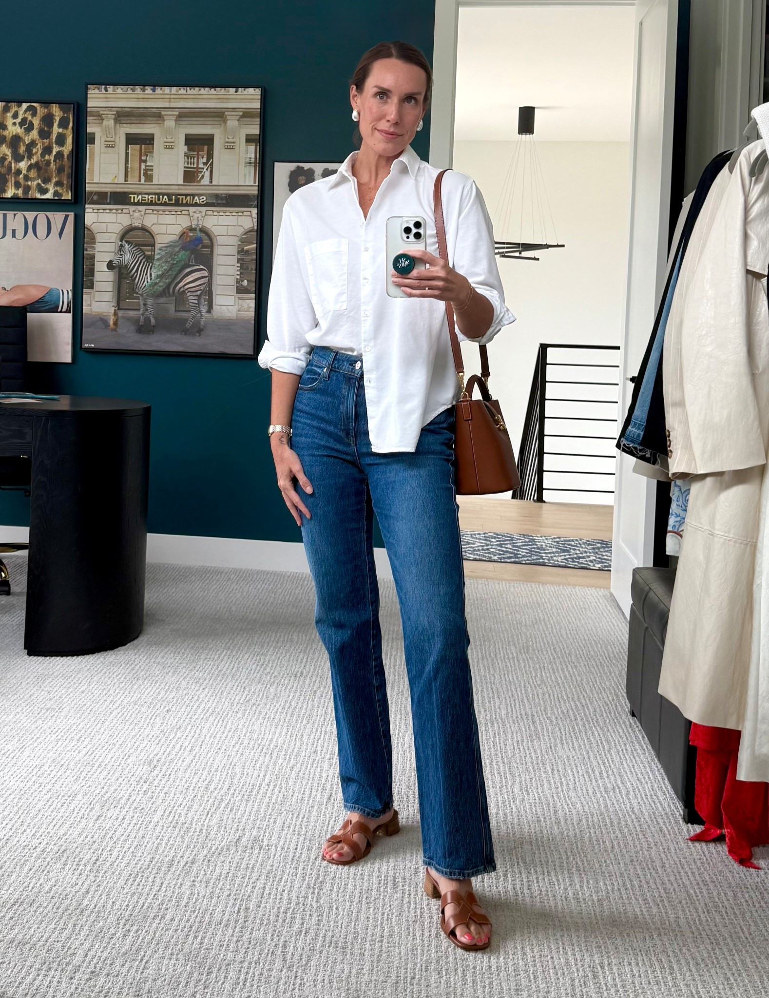Midweek summer casual chic jeans look! Classic white button down paired with blue straight leg jeans. 👖👜🤍 Rich brown leather bag and sandals pull it together. 

#LTKStyleTip #LTKSeasonal #LTKOver40