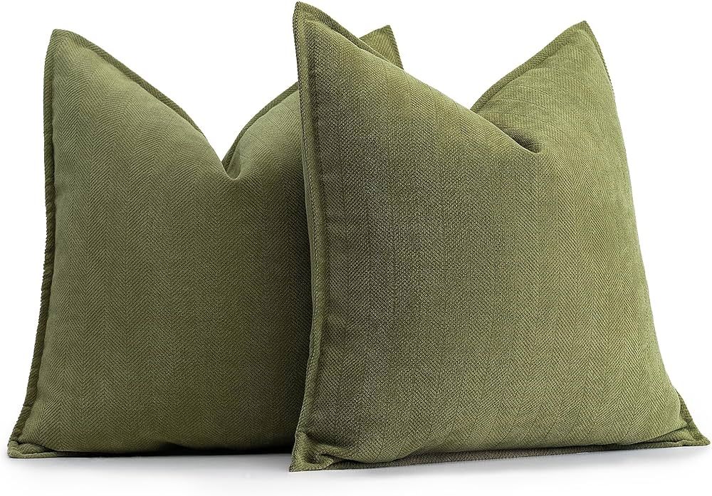 ZWJD Olive Green Pillow Covers 18x18 Set of 2 Chenille Pillow Covers with Elegant Design Soft and... | Amazon (US)