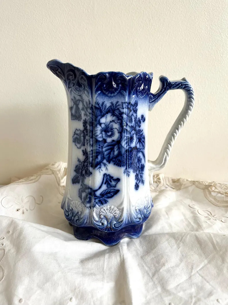 Antique Victorian Flow Blue Floral Jug / Pitcher - Etsy | Etsy (US)