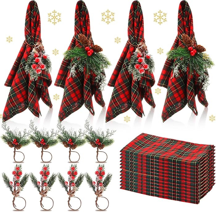 24 Pcs Christmas Napkins and Ring Set 12 Cloth Dinner Napkin Cocktails Buffalo Plaid Napkins 12 C... | Amazon (US)